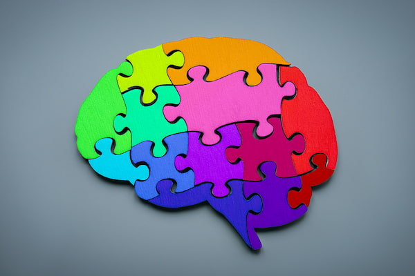 An image of a brain made out of rainbow puzzle pieces, illustrating that Susan Gonzales helps people with neurodivergence.