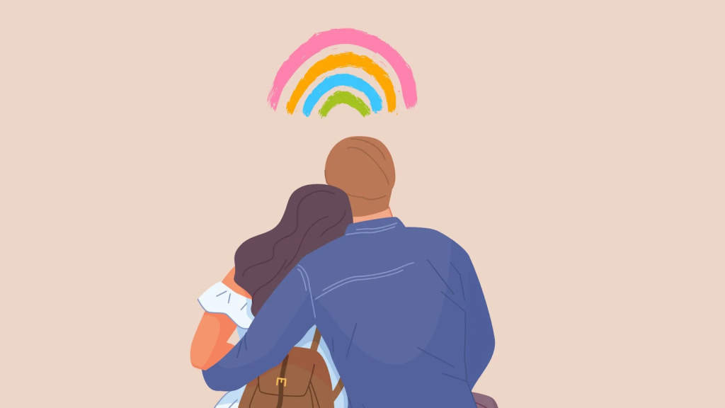 cartoon couple hugging with rainbow above their heads